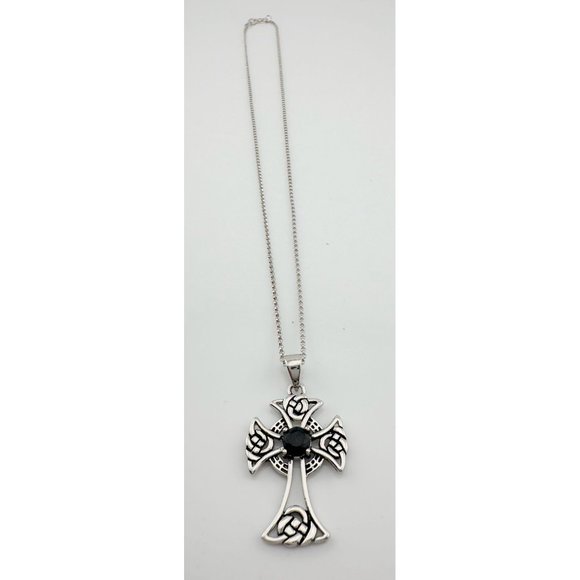 Bold Celtic Cross with Black Sapphire Center - Sterling Silver with 18" Chain - Picture 9 of 9
